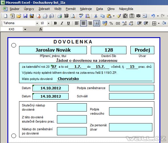 Excel - Formulář Dovolenka