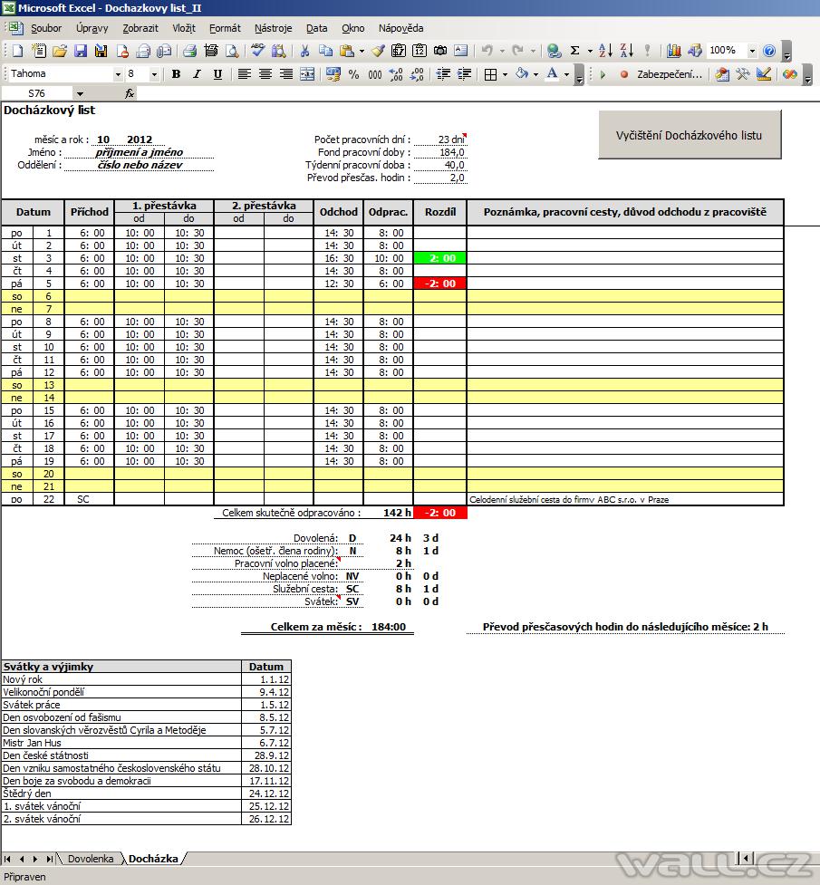 Excel - Docházkový list