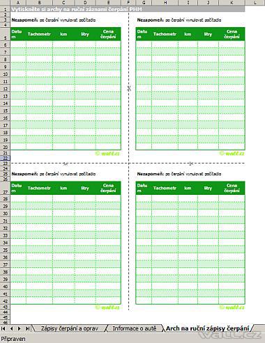 Excel - Arch na ruční zápisy čerpání
